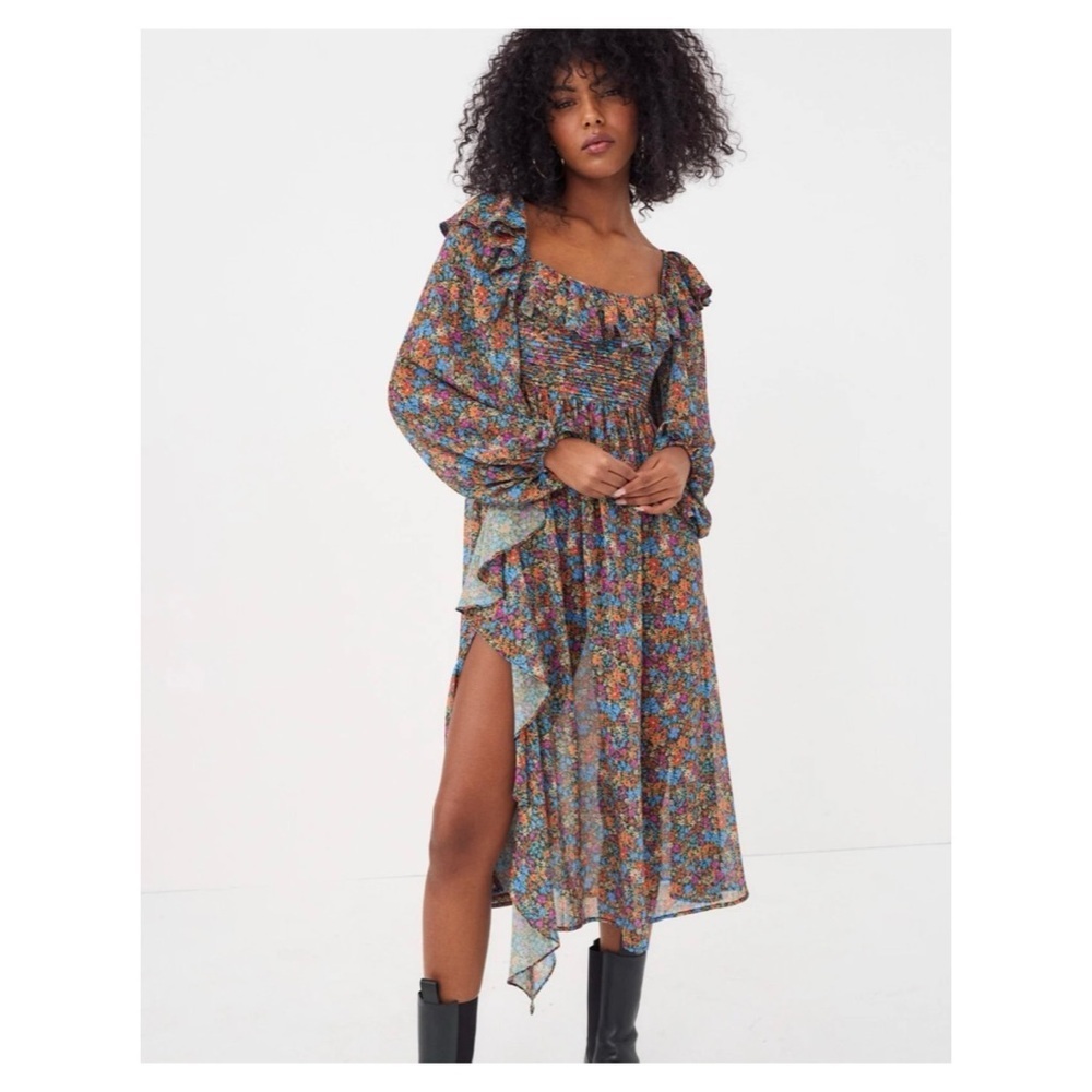 For Love & Lemons | Feminine Boho Coquette Brittany Midi Dress Blue Ditsy Floral